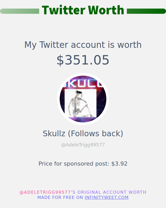 My Twitter worth is: $351.05

➡️ infinityweet.me/account-worth