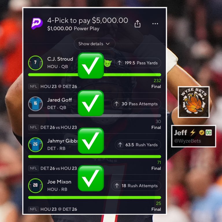 WyzeProps's tweet photo. $500 to SOMEONE who LIKES/RT’s 💰💚

CLEAN SWEEP 🧹🔥

Mixon “O” 18.0 Rush Attempts ✅
C.J. Stroud “O” 199.5 Pass Yards ✅
Jared Goff “O” 30.0 Pass Attempts ✅
Jahmyr Gibbs “O” 63.5 Rush Yards ✅

Hit that ❤️‍🔥 button if you appreciate the work! 

#PrizePicks https://t.co/zS6fC9912e