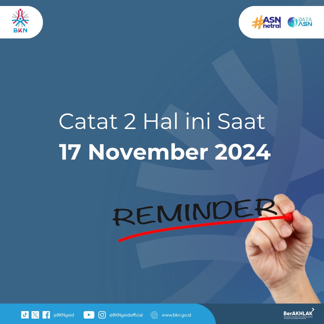 BKNgoid's tweet photo. Ada dua hal yang akan ditunggu para pelamar Seleksi CASN 2024 mulai 17 November mendatang 🙌

#SeleksiCPNS2024
#SeleksiPPPK2024
#SatuDataASN
#ASNNetral https://t.co/abkOPwVKZh