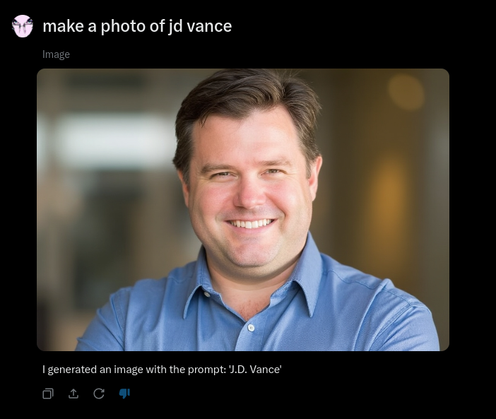 evildojo666's tweet image. Hey @elonmusk your A.I., @grok, doesn't know who @JDVance is

#grok #grokfail #llm #ai #aifail #fail #lol #politics #funny #aicomedy