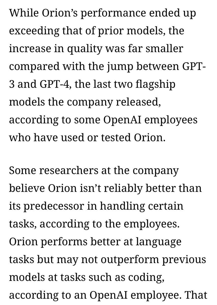 This may be the most important strategic question  about AI: is the rate of improvement of LLM performance starting to decline? 

Are we seeing maturation in the S-curve?

The article gives some data, but I think we really don't know (and is at odds with many insiders working on