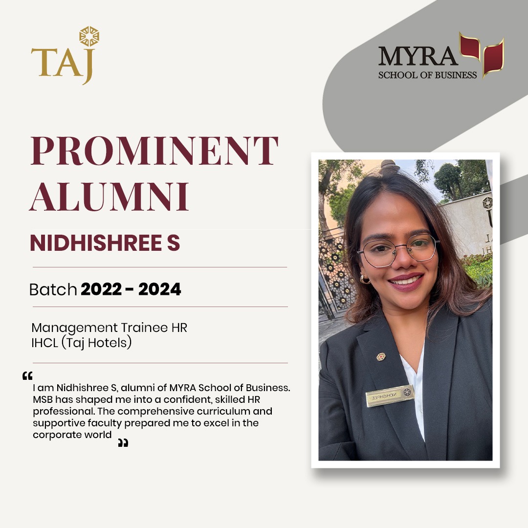 Nidhishree S, Class of 2022-2024 alumna, has transformed into a budding HR professional at IHCL (Taj Hotels)! She credits MSB's curriculum and faculty for her confident stride into the corporate world. Proud of our alumni’s impact! 🌟 #MSBAlumni #SuccessStories