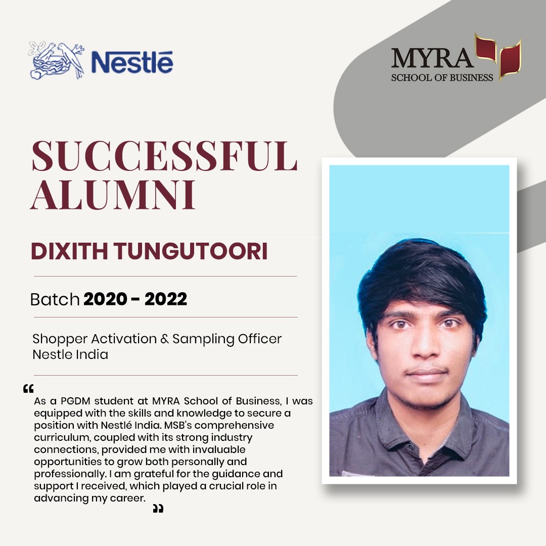 Meet Dixith Tungutoori, MSB alumnus and now Shopper Activation &amp; Sampling Officer at Nestlé India! His journey shows what passion and perseverance can achieve. Let his story inspire your next big step! 🌟 #MSBAlumni #NestleIndia