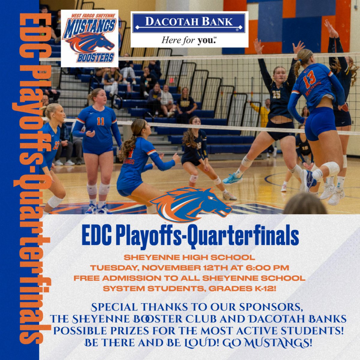 WFMustangAD's tweet photo. MUSTANG NATION! We need you to come out and support the ladies as they take on the Red River Roughriders in the first round of EDC Volleyball! Tickets can be found on your GoFan app soon. Come out and make some noise! #rollstangs @MustangPost @WFSBoosters @wfsheyenne https://t.co/Hx7O2Kk8fB