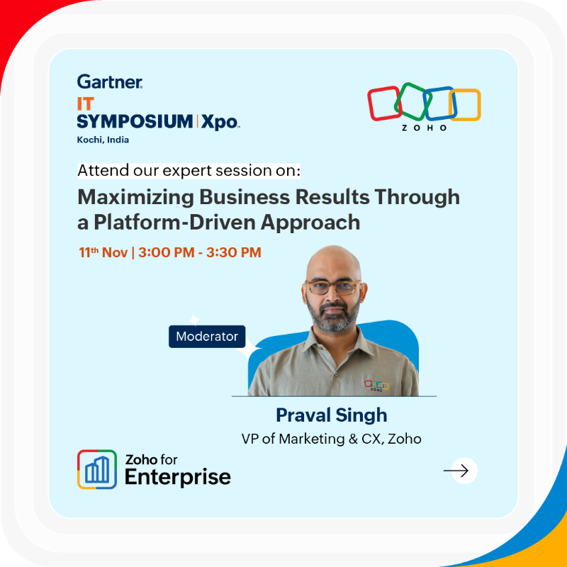 Zoho's tweet photo. Join us at the Gartner IT Symposium/Xpo™ in Kochi today! 😃

Catch our panel on ‘Maximizing Business Results Through a Platform-Driven Approach’ at 3 PM IST (Grand Ballroom 2), and stop by booth #202 at the Grand Hyatt to say hello to our team! #GartnerSYM