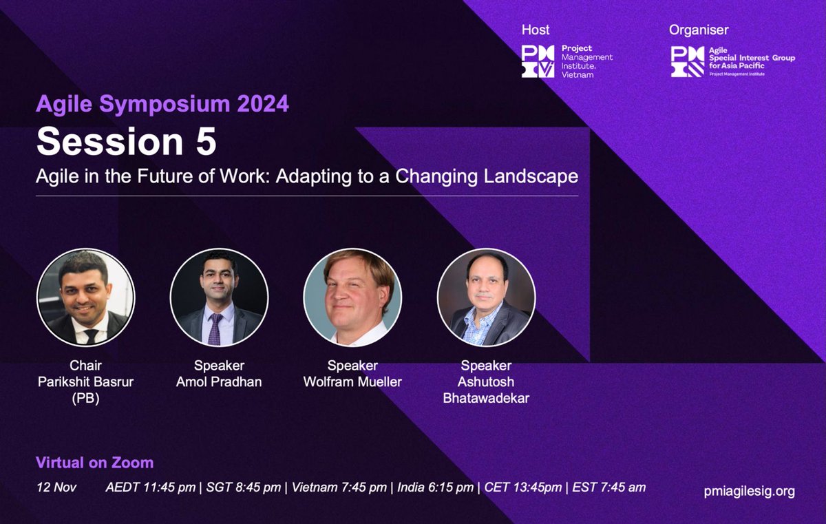 Agile Symposium 2024 - Session 5
Join us virtually on Zoom for this engaging session, designed for Agile enthusiasts worldwide.
📷 Explore the full program: lnkd.in/gEywzmWp
📷 Register now: lnkd.in/gTTa_CMr