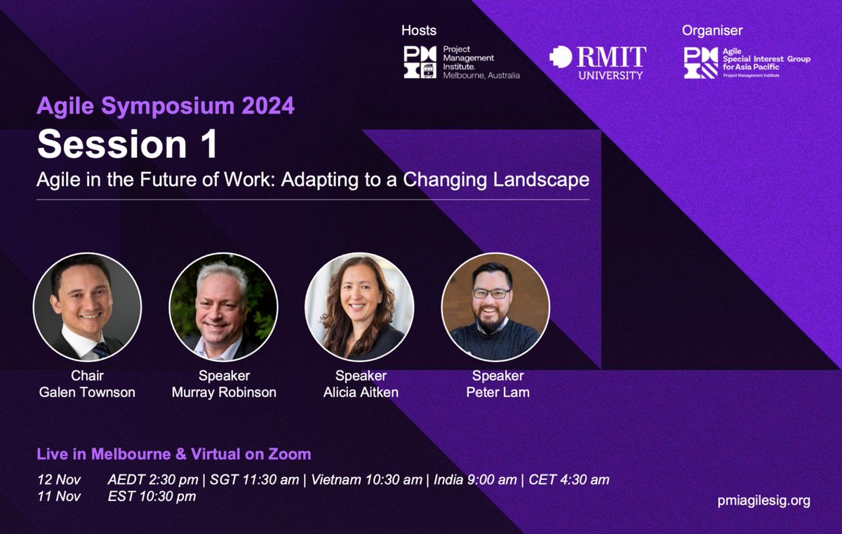 Agile Symposium 2024 - Session 1
Join us virtually on Zoom for this engaging session, designed for Agile enthusiasts worldwide. 
📷 Explore the full program: lnkd.in/gEywzmWp
📷 Register now: lnkd.in/gTTa_CMr