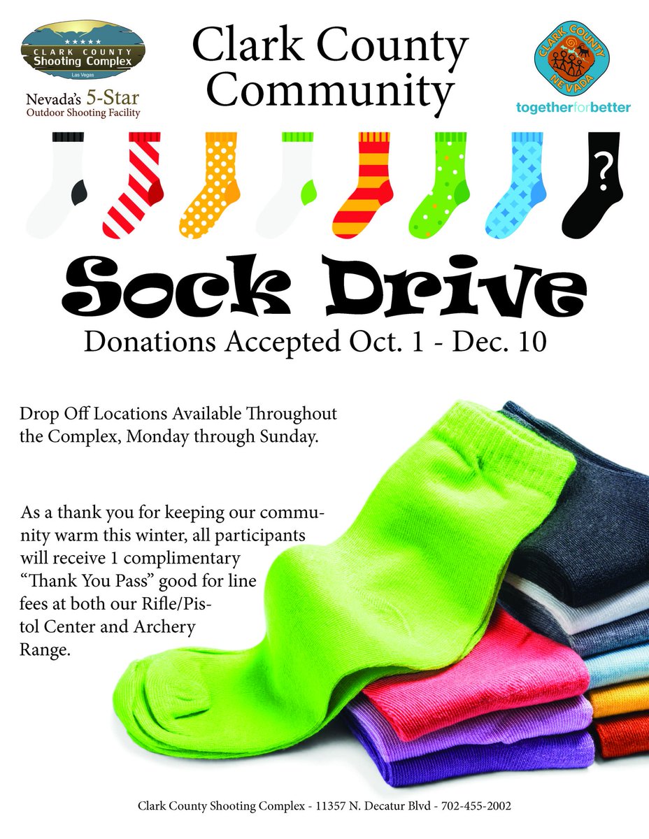 CCShootComplex's tweet photo. Our sock drive is taking place now through December 10. For those that donate, they will receive a pass good for line fees at at our Rifle/Pistol Center and Archery Range. @ClarkCountyNV #SockDrive https://t.co/bvxAdMCAth