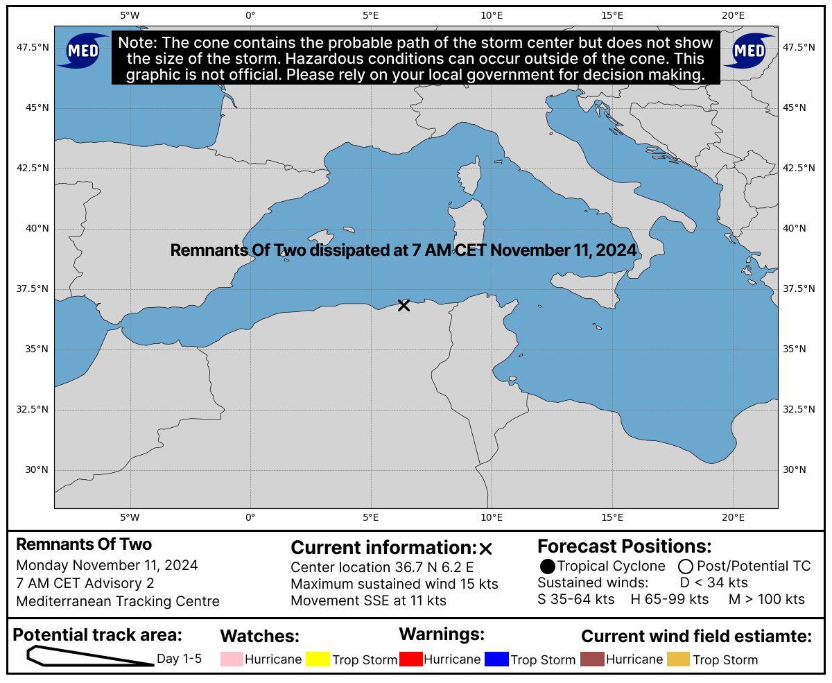 MedicaneTrack's tweet photo. Remnants of #Two Advisory #2: Two dissipates. This is the final advisory. Click below on MTC discussion for more info.

#Medicane https://t.co/oC16R2SHRI