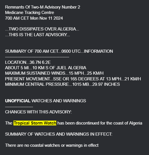 MedicaneTrack's tweet photo. Remnants of #Two Advisory #2: Two dissipates. This is the final advisory. Click below on MTC discussion for more info.

#Medicane https://t.co/oC16R2SHRI