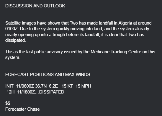 MedicaneTrack's tweet photo. Remnants of #Two Advisory #2: Two dissipates. This is the final advisory. Click below on MTC discussion for more info.

#Medicane https://t.co/oC16R2SHRI