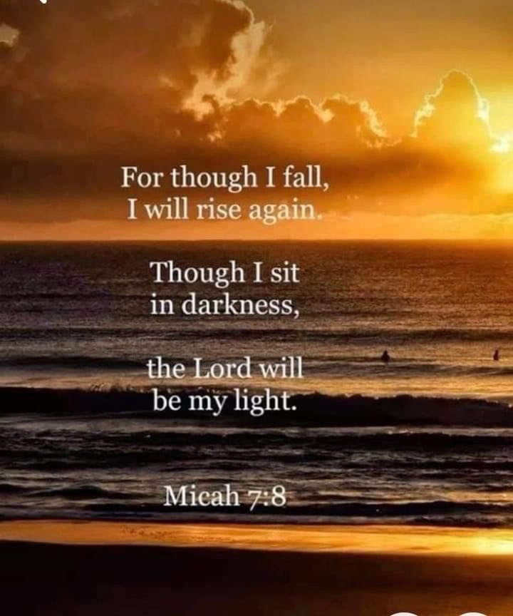 Micah 7:8 in the Bible says, "Rejoice not against me, O mine enemy: when I fall, I shall arise; when I sit in darkness, the Lord shall be a light unto me".