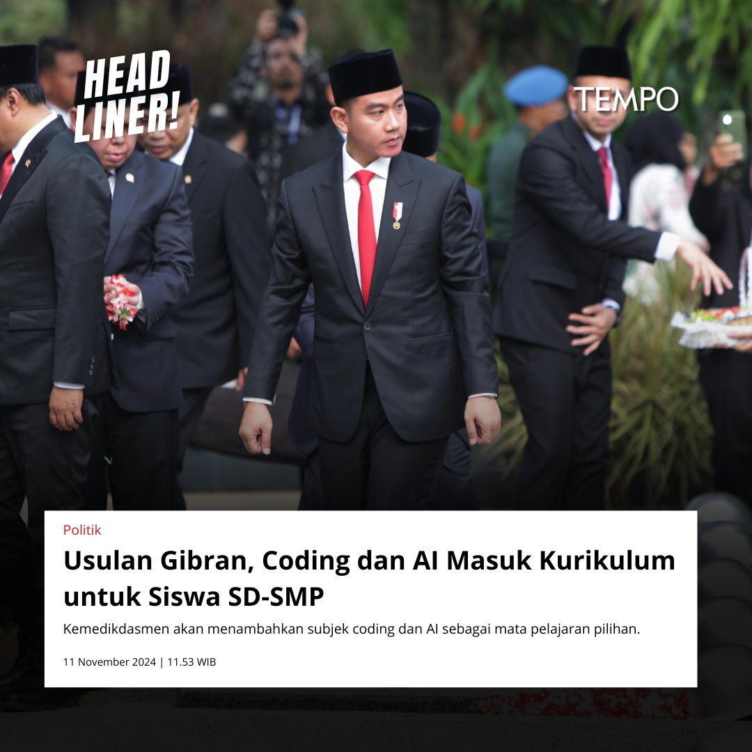 tempodotco's tweet image. Wakil Presiden Gibran Rakabuming Raka menitipkan kepada Menteri Pendidikan Dasar dan Menengah Abdul Mu’ti supaya anak-anak Sekolah Dasar (SD) dan Sekolah Menengah Pertama (SMP) mendapatkan mata pelajaran coding serta kecerdasan buatan atau artificial intelligence (AI).…