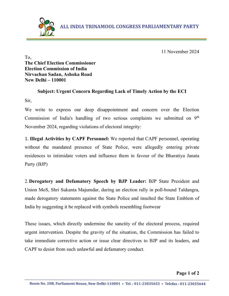 PTI_News's tweet photo. All India Trinamool Congress (AITC) Parliamentary Party leader in Rajya Sabha Derek O'Brien (@derekobrienmp) writes to Election Commission of India raising concerns over lack of time-bound action by the poll panel, adding that the delays serve to benefit the BJP, compromising the fairness of the elections.