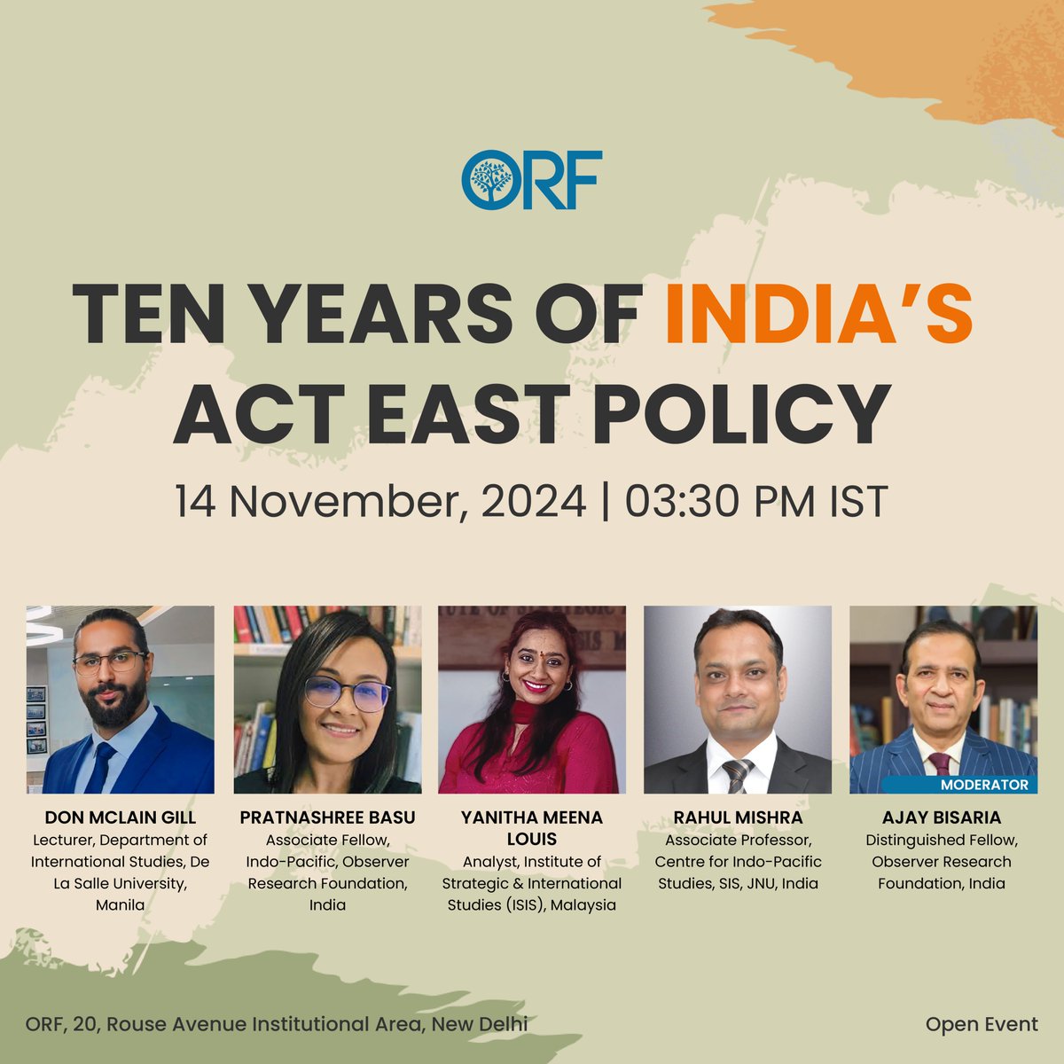 ORF (@orfonline) on Twitter photo .<a href="/orfonline/">ORF</a> is hosting a discussion on 'Ten Years of India's Act East Policy' as 2024 marks the 10 years of India's Act East Policy unveiled by PM Modi in 2014
Featuring: <a href="/DonMcLainGill95/">Don McLain Gill</a>, <a href="/PratnashreeBasu/">Pratnashree Basu</a>, Yanitha Meena Louis, Rahul Mishra & <a href="/Ajaybis/">Ajay Bisaria</a>
November 14 | 3:30 PM IST .<a href="/orfonline/">ORF</a> is hosting a discussion on 'Ten Years of India's Act East Policy' as 2024 marks the 10 years of India's Act East Policy unveiled by PM Modi in 2014
Featuring: <a href="/DonMcLainGill95/">Don McLain Gill</a>, <a href="/PratnashreeBasu/">Pratnashree Basu</a>, Yanitha Meena Louis, Rahul Mishra & <a href="/Ajaybis/">Ajay Bisaria</a>
November 14 | 3:30 PM IST