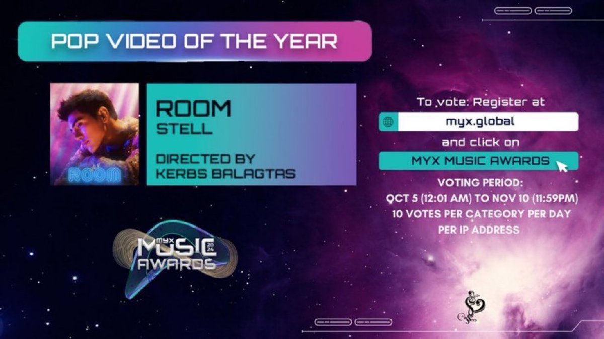 stellhouses's tweet photo. VOTING REMINDER 11112024

VOTE Room as Pop Video of the Year for the 2024 MYX Music Awards. 🗝️✨

🗳️ https://t.co/vCdSrC04d0
🗓️ Until Nov 15, 2024 

@stellajero_  #Stell 
#StellRoom https://t.co/skiDAqPRm0