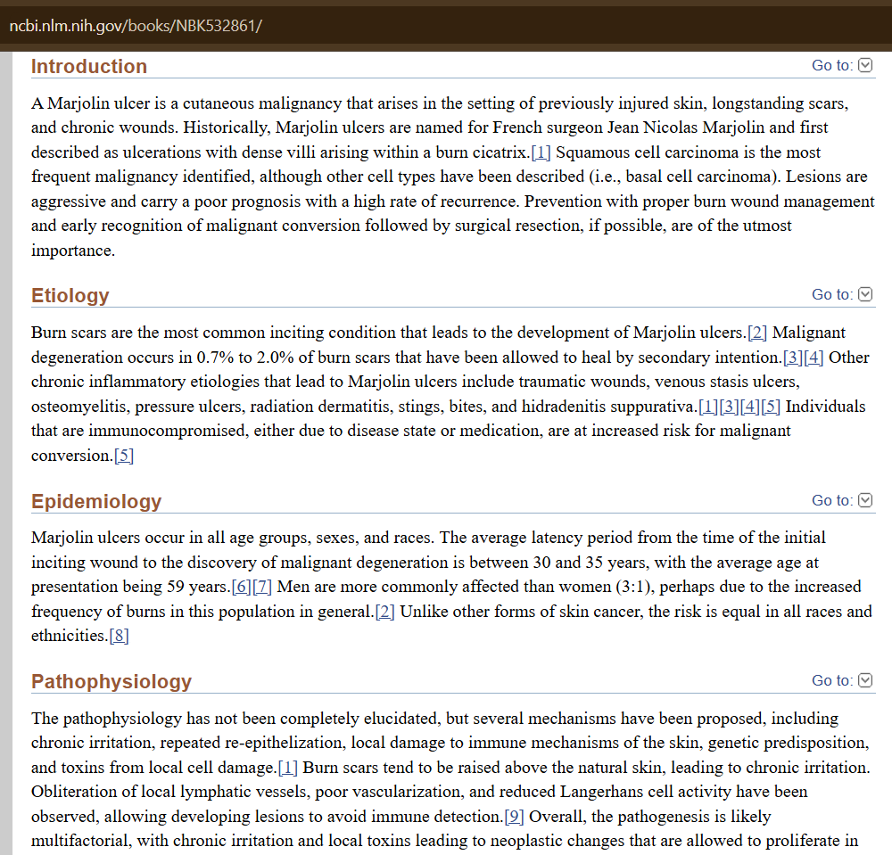 HealthScholarIN's tweet photo. 6- This paper examines a specific type of Marjolin ulcer that develops in areas with chronic scars or wounds, especially burn scars.
Malignant transformation occurs in roughly 0.7% to 2.0% of burn scars that heal automatically.
Note:  knotted wounds are not included in this list.