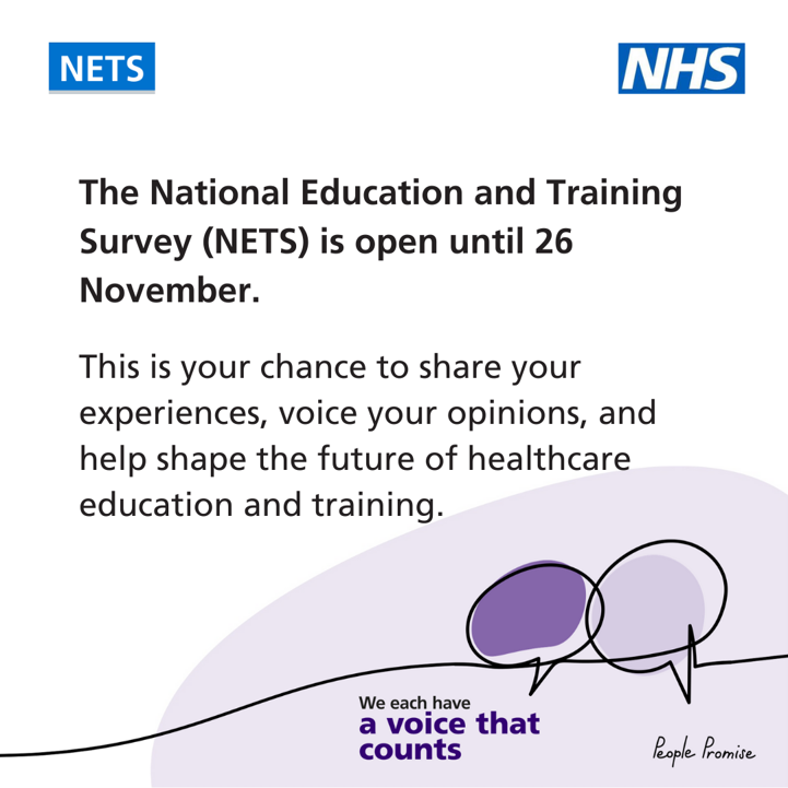 The National Education and Training Survey is now open.

Please ensure that all healthcare learners and trainees have access to the survey and are encouraged to share their experience by completing it before 26 Nov 2024.

poll.hee.nhs.uk/s/nets24/

#NHS #NETS2024 #PrimaryCare