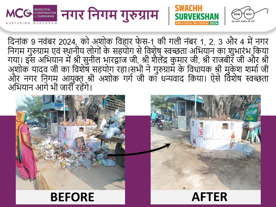 MunCorpGurugram's tweet photo. दिनांक 9 नवंबर 2024 को अशोक विहार फेस-1 की गली नंबर 1, 2, 3 और 4 में नगर निगम गुरुग्राम एवं स्थानीय लोगों के सहयोग से विशेष स्वच्छता अभियान का शुभारंभ किया गया। #SwabhavSwachhata #SwachhSurvekshan2024Gurugram #ULBCode800429 https://t.co/YGhYS6ySQV