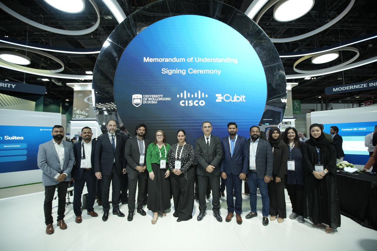 ciscomiddleeast's tweet photo. @UOWD has signed an MoU with Cisco to equip students with in-demand digital skills – supported by Cisco’s partner, @CubitTechDXB.

The collaboration will leverage @CiscoNetAcad, one of the longest standing IT skills-to-jobs programs in the world 🌍

#UOWD #SkillsForAll https://t.co/w6ZuaHMtO9