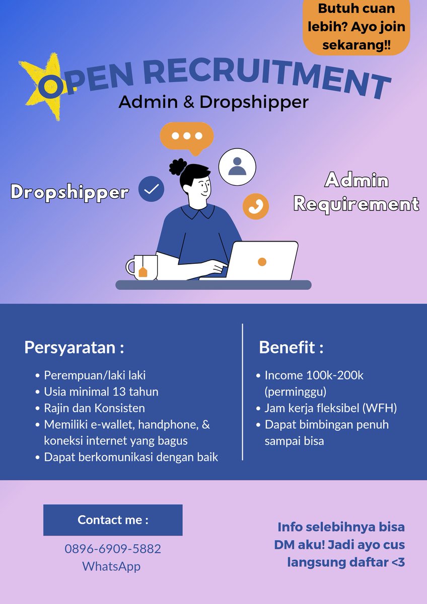 meloveakei's tweet photo. °ᡣ𐭩 . ° . WE ARE OPEN FREELANCE WFH °ᡣ𐭩 . ° .

• Jobdesk :
1. Admin Recruitment
2. Dropshipper

Bisa milih salah satu pekerjaan atau keduanya sesuai keinginan, apabila mau join bisa dm aku yaps!

#infoloker #zonauang #lokersmp #lokersma #infofreelance #lokerwfh #jobreceh https://t.co/pc3KYq7h4n