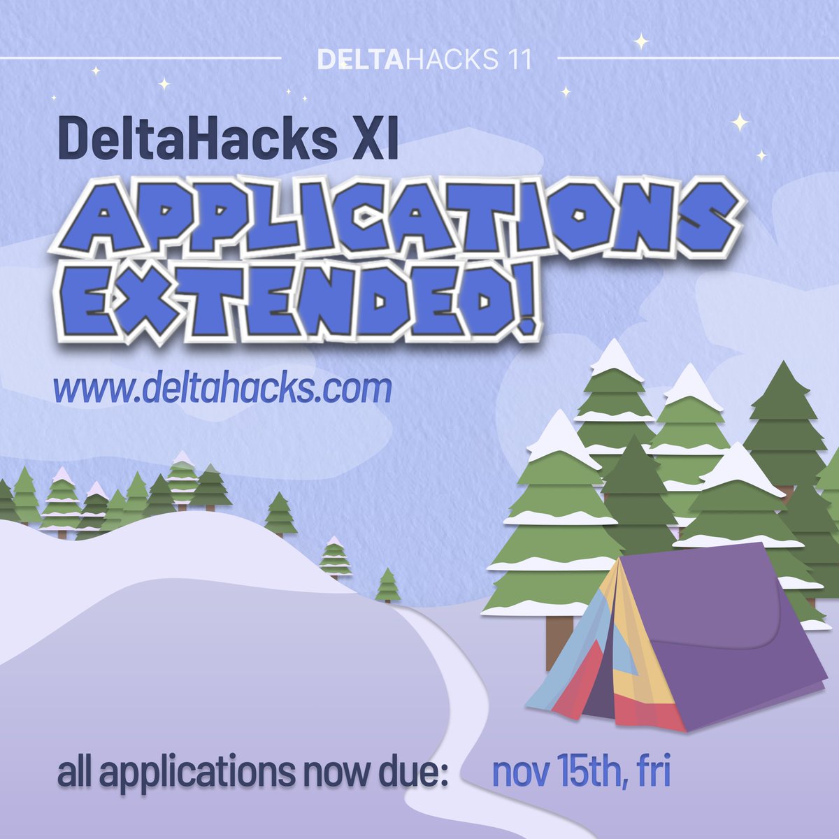 🚨 ATTENTION HACKERS 🚨

💻The deadline to apply for DH11 has been extended to November 15th @ 11:59 PM! This is your chance to be part of an incredible in-person hackathon—collaborate, innovate, and create something amazing!
Apply at deltahacks.com
