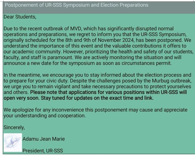 UNIVERSITY OF RWANDA STUDENTS' SURGICAL SOCIETY (@ursss_rwanda) on Twitter photo UR-SSS Members,
Thank you all for your dedication and hard work! We would like to announce the postponement of our symposium due to unforeseen circumstances. We appreciate your understanding and will update you with the new date soon.<a href="/AgabeEmmy/">nkusi agabe emmy</a>
<a href="/Fostino21/">Prof. Faustin NTIRENGANYA</a>
<a href="/WHORwanda/">WHO Rwanda</a> <a href="/TKabuteni/">Theopista Kabuteni</a> UR-SSS Members,
Thank you all for your dedication and hard work! We would like to announce the postponement of our symposium due to unforeseen circumstances. We appreciate your understanding and will update you with the new date soon.<a href="/AgabeEmmy/">nkusi agabe emmy</a>
<a href="/Fostino21/">Prof. Faustin NTIRENGANYA</a>
<a href="/WHORwanda/">WHO Rwanda</a> <a href="/TKabuteni/">Theopista Kabuteni</a>