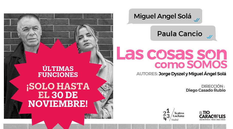 💖 ¿Crees que el #amor en la era digital tiene futuro? 💻✨

'Las cosas son como somos' te lo cuenta a través de citas, amores y mucho desparpajo.

📅‼️ Últimas funciones hasta el 30 de noviembre. ¡Corre que se agotan! 💖

#TeatroLuchana #AmorEnLaEraDigital #Comedia