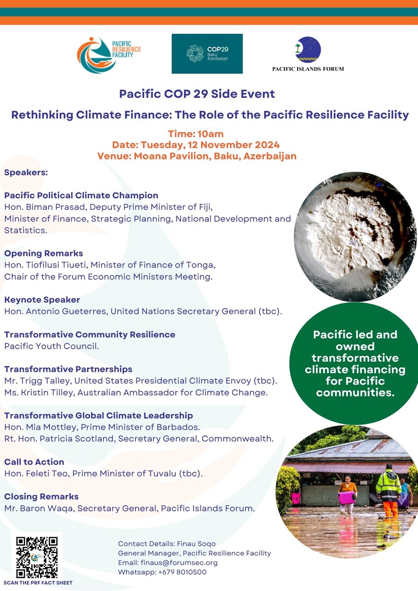 In #Azerbaijan 🇦🇿 for #COP29? The Moana Pavilion will tomorrow play host to a critical event on climate finance and the role of the newly-established Pacific Resilience Facility. 

Interested in hearing from global climate champions? More info on the PRF?

More info below 👇