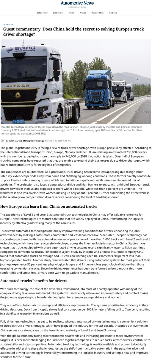 Inceptio_Tech's tweet photo. As Europe grapples with a severe truck driver shortage (~745,000 by 2028), it's clear that innovative solutions are urgently needed. In a commentary published on Automotive News, Julian Ma, CEO of Inceptio, offers insights from China’s deployment of L3/L2+ autonomous trucks. 🧐 https://t.co/JplTYQGFUx