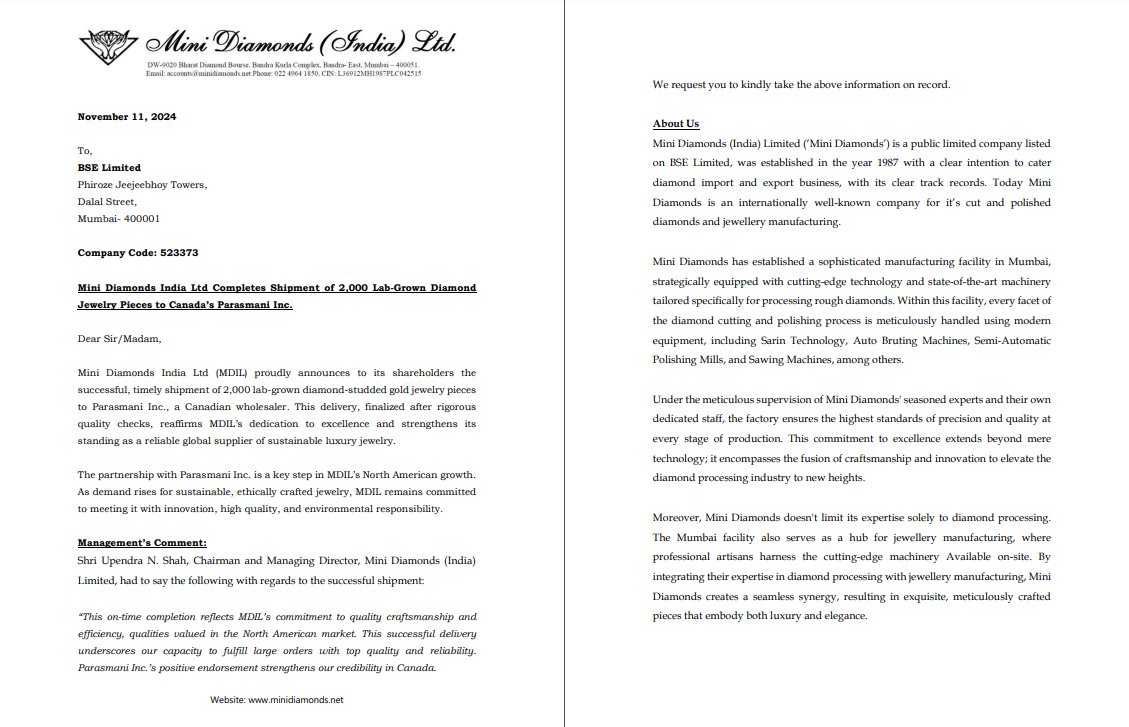 ravibhaumiriya's tweet image. Mini Diamonds (India) Limited

#MINID 

Mini Diamonds India Ltd Completes Shipment of 2,000 Lab-Grown Diamond Jewelry Pieces to Canada’s Parasmani Inc.