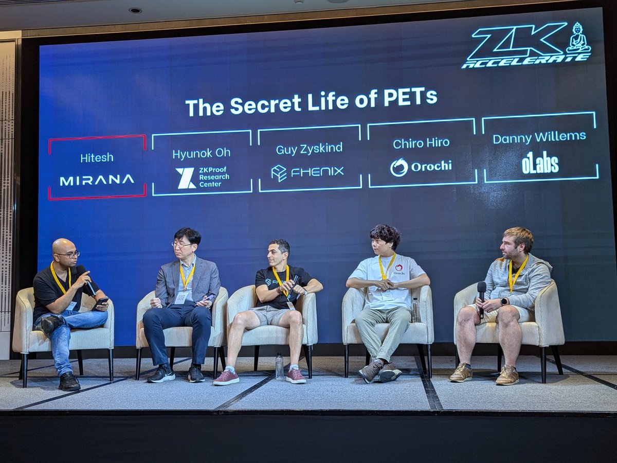 Ingo_zk's tweet photo. Fascinating conversation happening on The Secret Life of PETs panel 🙌

Great to have @0xheyjo from @mirana hosting with
@hyunok_oh of ZKPRC
@guyitz of @fhenix 
@Chiro8x of @OrochiNetwork 
And @dwillems42 of @o1_labs 

#ZKAccelerate #Devcon2024 https://t.co/PbnvAoQh1R