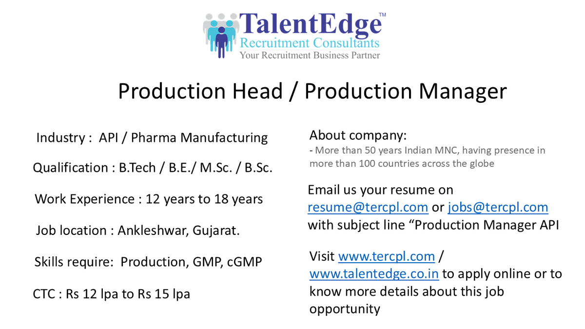 TalentEdgeRC's tweet photo. Production Manager @ Ankleshwar with API / Pharma Manufacturing company.

#Jobs #GujaratJobs #AnkleshwarJobs #BharuchJobs #APIJobs #PharmaJobs #IndiaJobs #ankleshwar #India https://t.co/C8C4WwzM5d