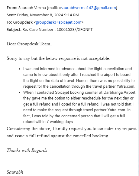 saurabhverma142's tweet photo. @flyspicejet This is what I received from Spicejet groupdesk support. This is clear case of negligence towards customer convenience and taking customers for granted. Request the authorities to intervene. @MoCA_GoI @PMOIndia @RamMNK @narendramodi @nch1915 @consumerforum_ @YatraOfficial https://t.co/WC7XALcXJQ