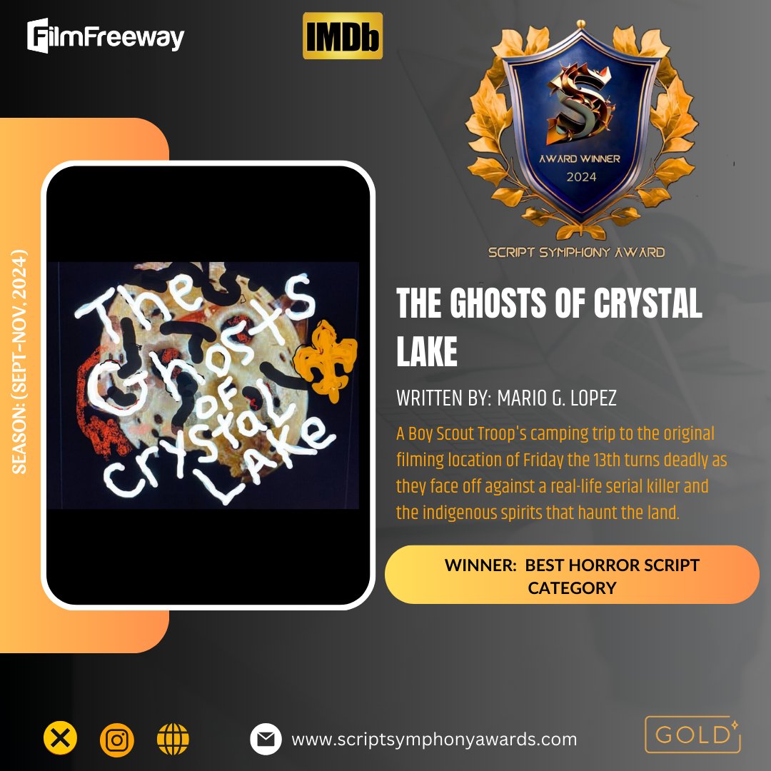 ScriptSaward's tweet image. Congratulations to Mario G. Lopez for his remarkable achievement! We express our sincere gratitude for his participation in our film festival. We eagerly anticipate his future accomplishments.
#TheGhostsofCrystalLake #HorrorScript #SSA