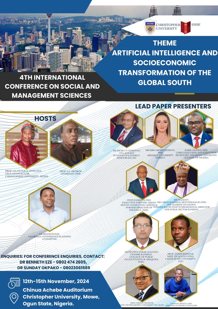 Honbeneze's tweet photo. The 4th International Conference on Social and Management Sciences will commence tomorrow.
Endeavour to attend. https://t.co/sWSgmaJ7Ql