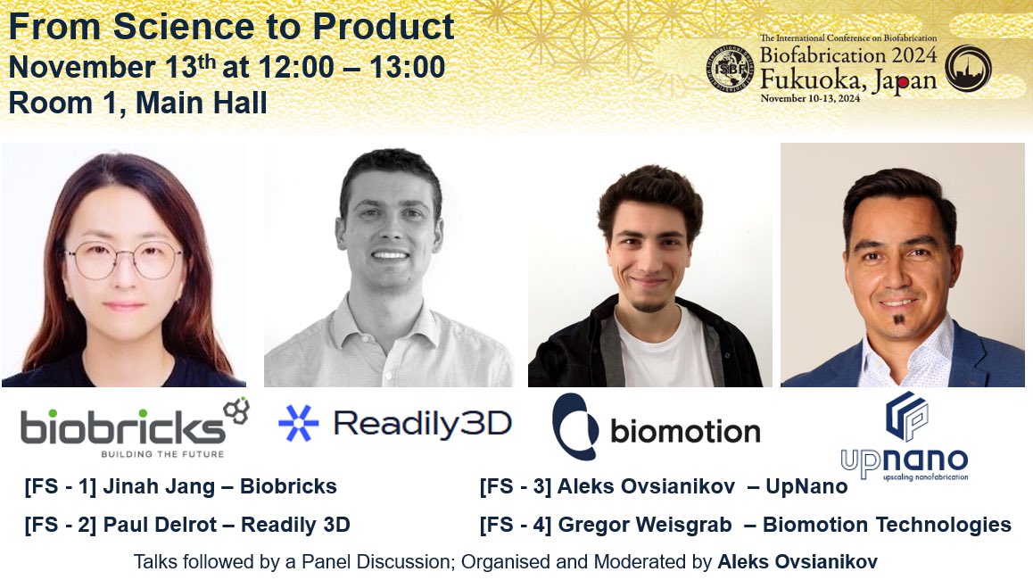 Intl Soc Biofab (@isbiofab) on Twitter photo Attend From the Science to Product session (Nov 13, 12-1 pm, Room 1) organized by <a href="/HD_Bioprinting/">Aleks Ovsianikov</a> at #biofabrication2024 to learn about translational aspects in biofabrication! Attend From the Science to Product session (Nov 13, 12-1 pm, Room 1) organized by <a href="/HD_Bioprinting/">Aleks Ovsianikov</a> at #biofabrication2024 to learn about translational aspects in biofabrication!