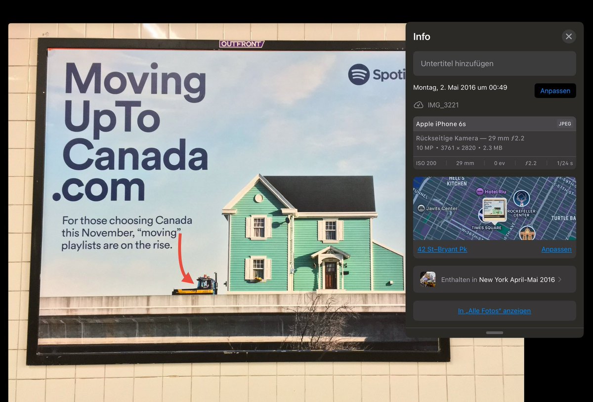 I took this photo of a more prophetic advertising in the New York subway station „Times Squere“ near the Rockefeller Center on the 2nd. of May 2016.
Now 8 1/2 years later this ad is up-to-date again. Alternatively, you can emigrate from a red- to a blue-federal state in the USA.