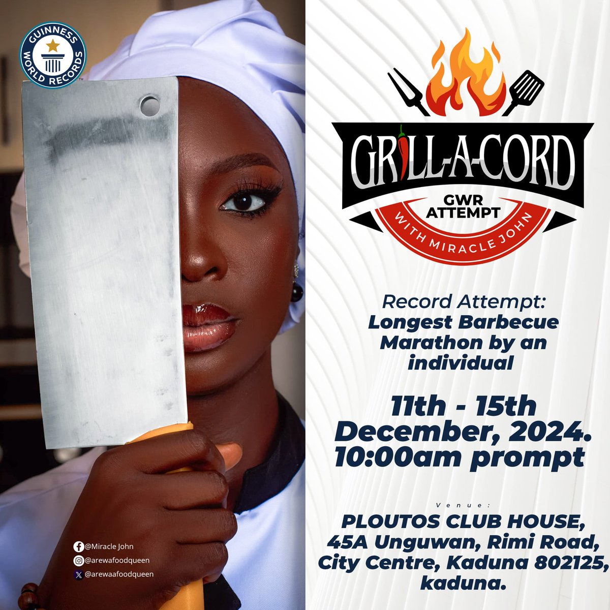 arewaafoodqueen's tweet photo. BIG NEWS!
We're taking over Plouto's Club House, 45A U/Rimi Road, city Centre, 802125, Kaduna from Dec 11-15 for our Guinness World Record attempt!
4 days, 12 hours, 12 minutes of non-stop grilling πͺ
Join the ultimate Barbecue party!
#GrillACord #GuinnessWorldRecord #Maisuya https://t.co/15lxb5ANA1