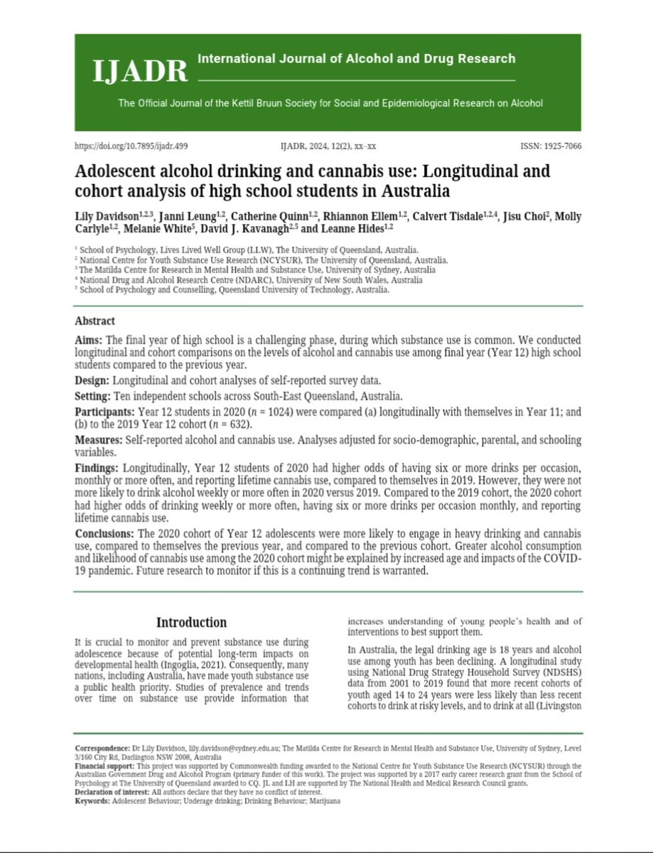 lilydavidson0's tweet image. Our new paper explores adolescent cannabis & alcohol use patterns, pre & mid-pandemic. Greater alcohol consumption and likelihood of cannabis use among the cohort who completed Yr 12 during 2020 might be explained by impacts of the pandemic lockdowns 😷📃 ijadr.org/index.php/ijad…