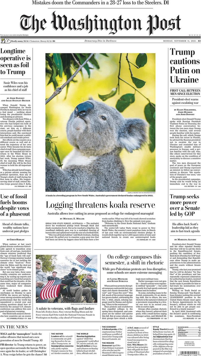 🇺🇸 Logging Threatens Koala Reserve

▫Australia is still logging the parks meant to become a koala reserve
▫<a href="/MikeMillerDC/">Michael Miller</a>

#frontpagestoday #USA <a href="/washingtonpost/">The Washington Post</a> 🇺🇸