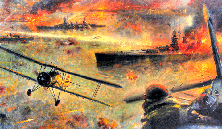 HMWarships's tweet photo. On this day in 1940, a battle took place that would shift the balance of power in the Mediterranean in Britain's favor: the Battle of Taranto. 
"Mussolini has become boastful; he has got into the habit of referring to the Mediterranean as ‘Mare Nostrum’, which means ‘our sea’. We are going to change all that ... we are going to change it to ‘Cunningham’s Pond’. I tell you that with no uncertain voice..."
-Attributed to Captain Boyd, in David Wragg's Swordfish: The Story of the Taranto Raid (via https://t.co/bwQSrQIyfH)