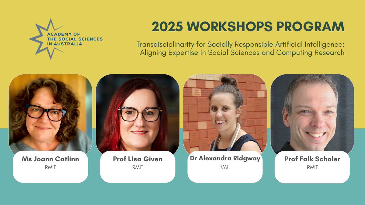 Congrats to <a href="/jocattlin/">Joann Cattlin</a>, @lisagivenProf, Dr Alexandra Ridgway &amp; Prof Falk Scholer who will host a workshop to build social sciences-informed capability for ethical + socially responsible #AI projects + programs. <a href="/RMIT/">RMIT University</a>