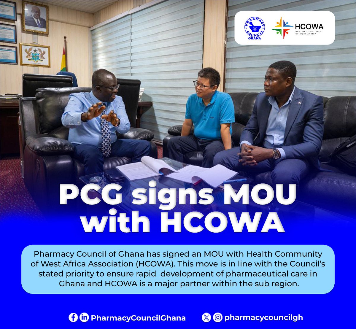 Pharmacy Council of Ghana has signed an MOU with Health Community of West Africa Association (HCOWA).This move is in line with the Council’s stated priority to ensure rapid  development of pharmaceutical care in Ghana and HCOWA is a major partner within the sub region.
#pharmacy