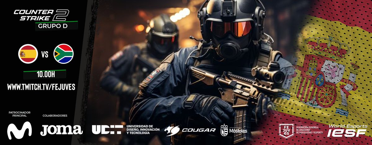 Today is the day!💪
Sigue en directo el debut en la Fase de grupos del 16th World Esports Championship <a href="/iesf_official/">IESF</a> la selección <a href="/Fejuves/">Federación de Jugadores de Videojuegos y Esports</a>  #CS2 ¡Vamos España! 
🔥 10 00h 
🇪🇸 España 🆚  🇿🇦 Sudáfrica
 🎙️ <a href="/joangp9/">Joan García</a> <a href="/belizon92/">𝔹𝕖𝕝𝕚𝕫𝕠𝕟𝟡𝟚</a>
🖥️ twitch.tv/fejuves
#FEJUVES #Esports