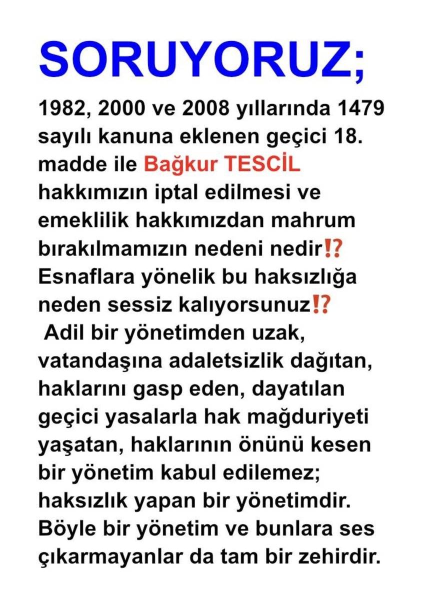 Hakların yok sayıldığı ve verilmediği bir ülke olmak ne kadar doğru?  
#BağkurTescilMağdurları

<a href="/RTErdogan/">Recep Tayyip Erdoğan</a>
<a href="/Akparti/">AK Parti</a>
<a href="/dbdevletbahceli/">Devlet Bahçeli</a>
<a href="/herkesicinCHP/">CHP 🇹🇷</a>
<a href="/MHP_Bilgi/">MHP</a>
<a href="/_cevdetyilmaz/">Cevdet Yılmaz</a>
<a href="/isikhanvedat/">Prof. Dr. Vedat Işıkhan</a>
<a href="/HMBakanligi/">T.C. Hazine ve Maliye Bakanlığı</a>
<a href="/TBMMresmi/">TBMM</a> 
<a href="/tcbestepe/">T.C. Cumhurbaşkanlığı</a>
<a href="/csgbakanligi/">T.C. Çalışma ve Sosyal Güvenlik Bakanlığı</a> 
<a href="/tcailesosyal/">T.C. Aile ve Sosyal Hizmetler Bakanlığı</a> 
<a href="/iletisim/">T.C. İletişim Başkanlığı</a>
<a href="/iyiparti/">İYİ Parti</a>