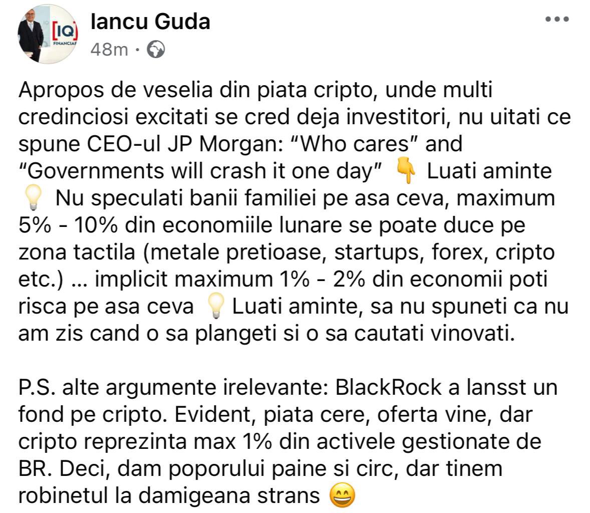 S-a trezit. Aveti grija domnilor CA O SA PLANGETI DA? 

In bear evident. BEAR CARE STIM TOTI CA VINE. Nu e ca si cum ne ia prin surprindere.

Dar totusi aveti grija. Maxim 1% din economii ok? Gen daca economisiti 1000 ron pe luna, 10 lei sa bagati in BTC.
