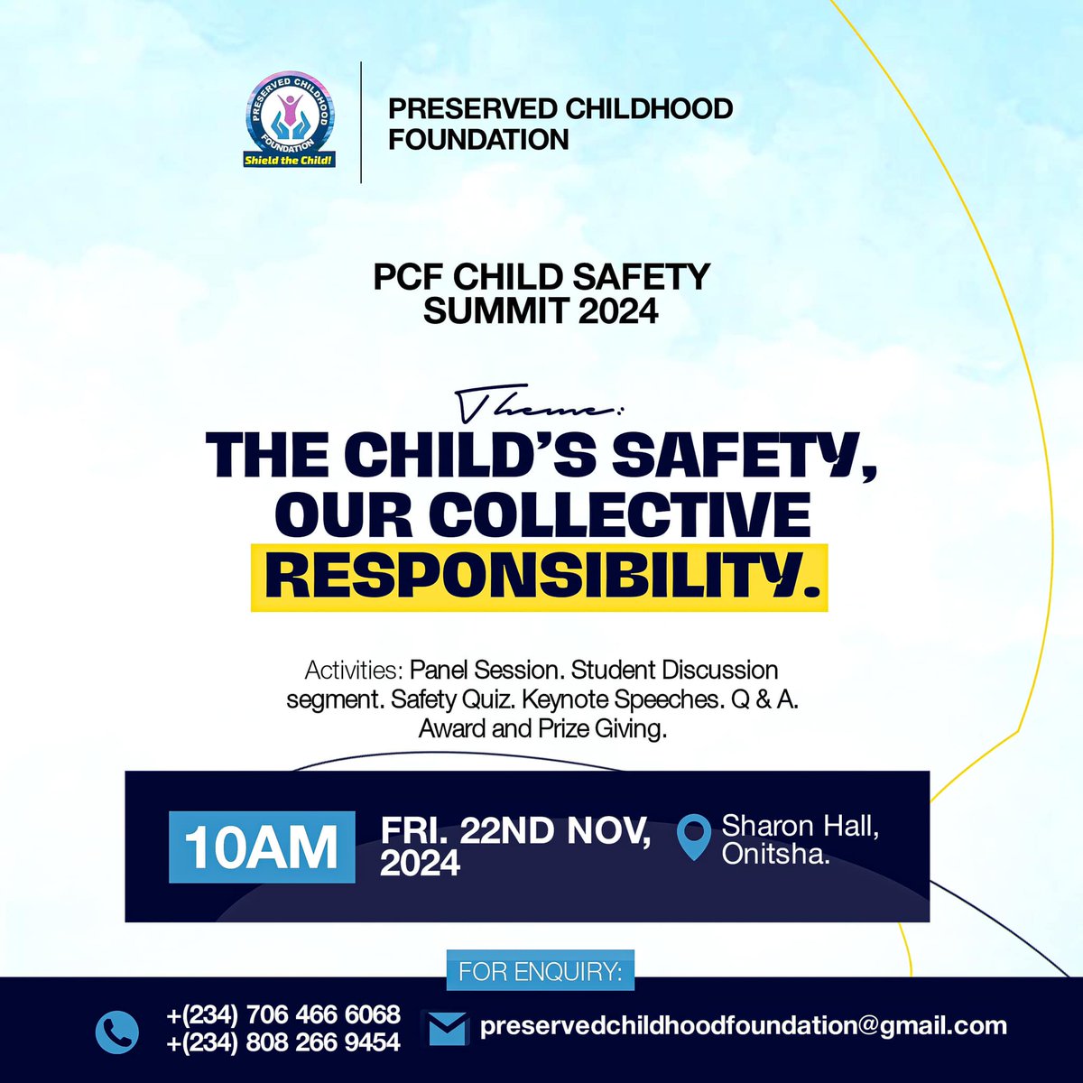 ozii_baba's tweet photo. The Child Safety Summit is coming on November 22nd!
Get ready to join the movement to protect our children! Learn from experts, share your voice, and take action against child abuse!
Preserved Childhood Foundation
#PCF2024 #ChildSafetySummit #Nov22 #ChildProtectionMatters https://t.co/mrBZrQcKjH