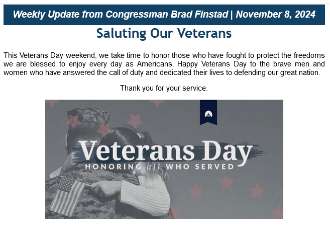 McPhersonHall's tweet photo. #FinstadInTheField
Nov 8 2024
@RepFinstad salutes our #Veterans while #MN01 #Vets wonder WHY @BradFinstad has failed to deliver funding to lease a Veterans' Center in #Mankato #MN.
#HR5365 was authored on Sept 9 2023 and has had ZERO co-sponsors and no action by any committee https://t.co/Ewu4Kw4YpY