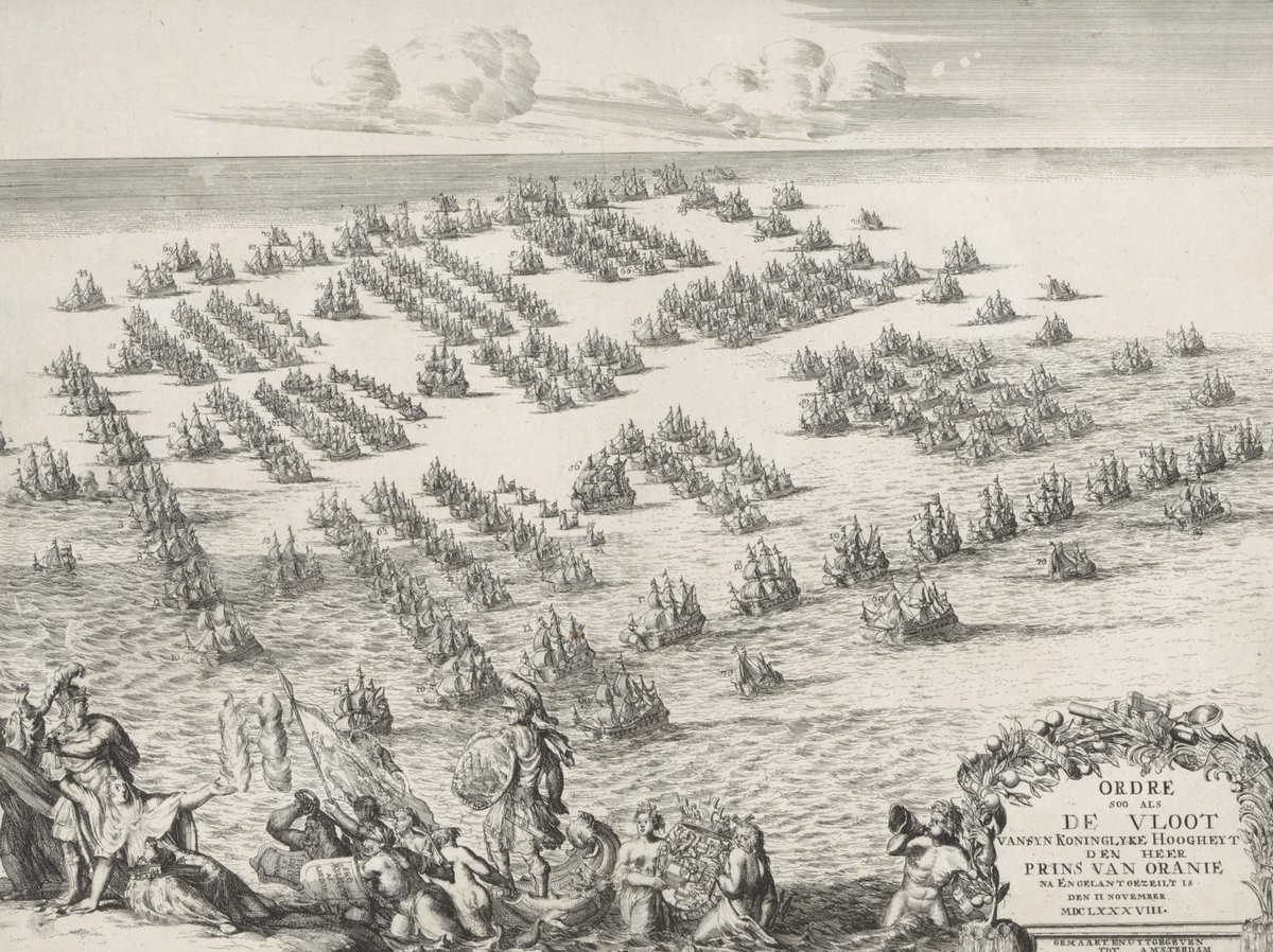 Dat de vloot van Willem III indrukkend is geweest, blijkt uit deze prent. Het aantal schepen was vele malen groter dan de beruchte Spaanse Armada van een eeuw eerder. 2/2